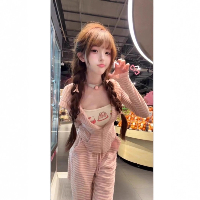 [Self-Operated Factory Ready Stock] Striped Rabbit Ears Hat Cardigan Jacket Women's Casual Autum New Sweet Suit