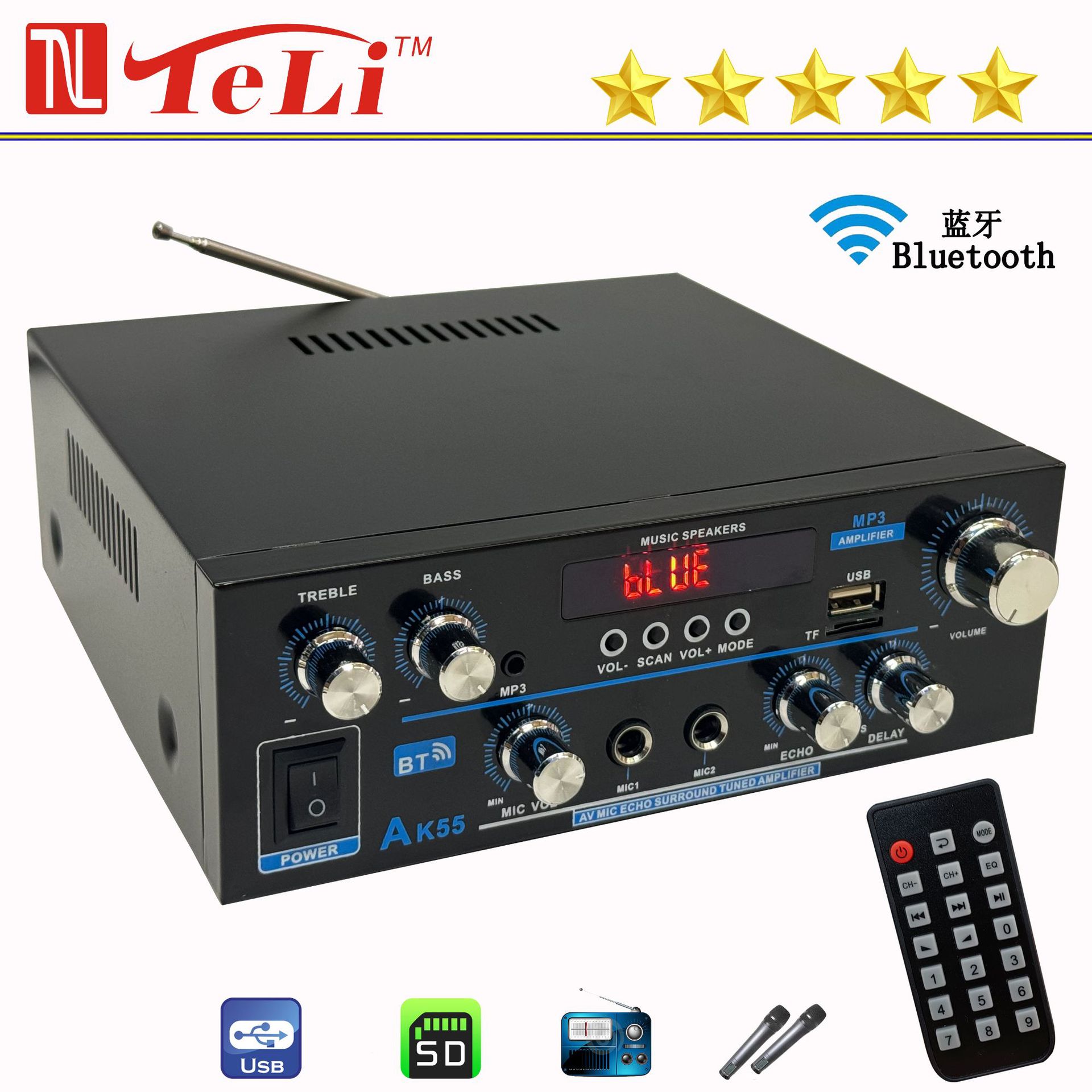 跨境外贸迷你AK55蓝牙U盘收音12v/110V-220v交直流车载家用功放机