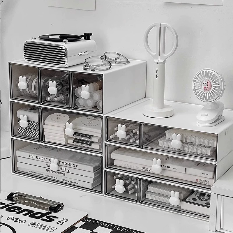 Desk Drawer Organizer, White Plastic Desktop Storage Box with Rabbit Handle, Multi-Size