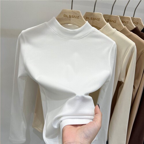 Autumn and Winter Double-Sided Fleece Thermal Solid-Color Base Shirt with Fleece Lining, Thickened, Half-Turtleneck, Slim-Fit, All-Match Long-Sleeved T-Shirt for Women