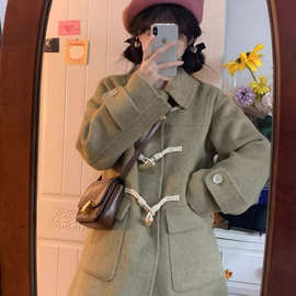 高级感绿色呢子大衣女中长款2025秋冬装日系小个子牛角扣毛呢外套