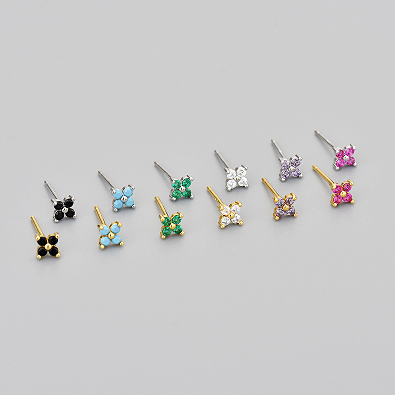 European and American Cross-border Sweet Four-leaf Flower Earrings Multicolor Color Zircon Flower Earrings Women's Small Mini Hot Selling European and American Cross-border Sweet Four-leaf Flower Earrings Multicolor Color Zircon Flower Earrings Women's Small Mini Hot Selling