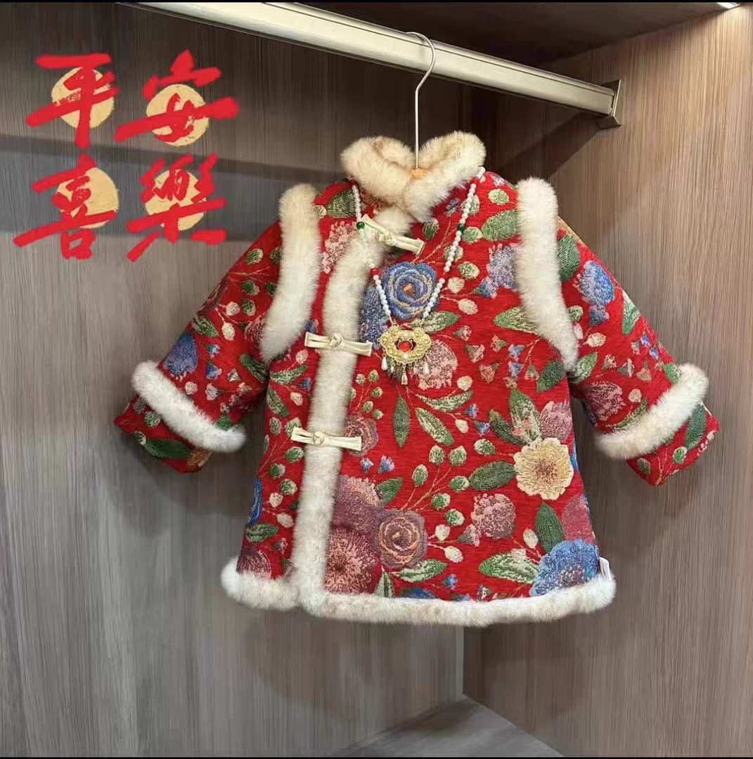 Ropa de invierno de niñas con terciopelo más grueso y cálido Año Nuevo Tang traje de bebé cheongsam abrigo de Año Nuevo vestido rojo image 4