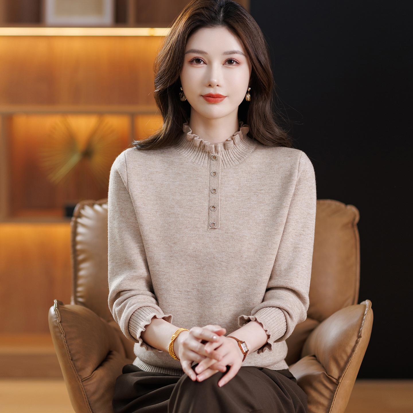 时尚花边拼接半高领针织衫内搭秋冬新款套头毛衣女打底一体绒上衣，女装针织衫/毛衣，妃慕昵服饰