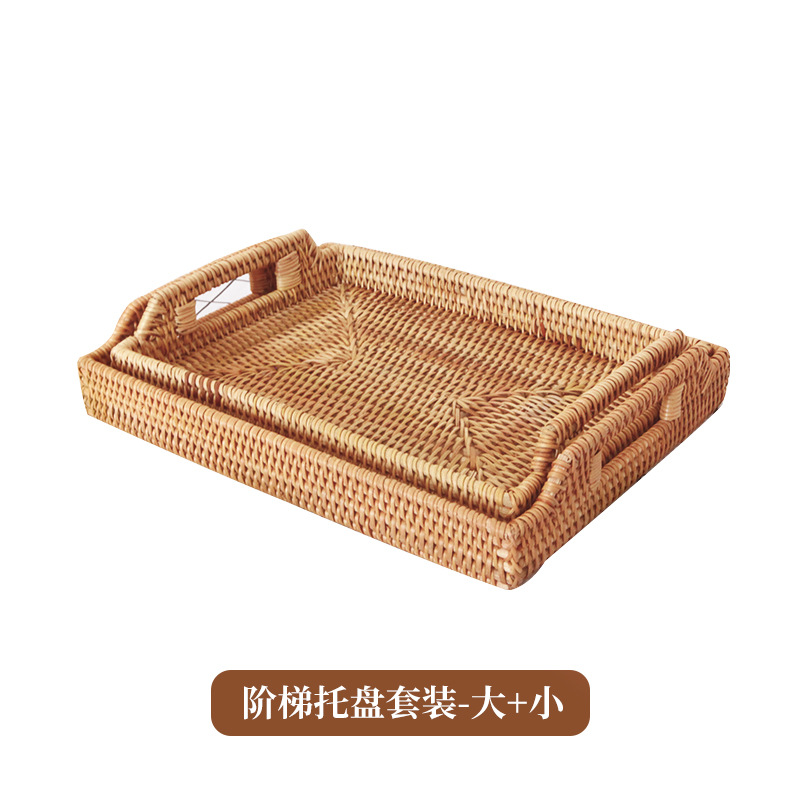 Bandeja casera de ratán, mesa de comedor, taza de té, taza de agua, bandeja de té de almacenamiento, sala de estar grande, bandeja de pastelería rectangular, plato de frutas para bocadillos