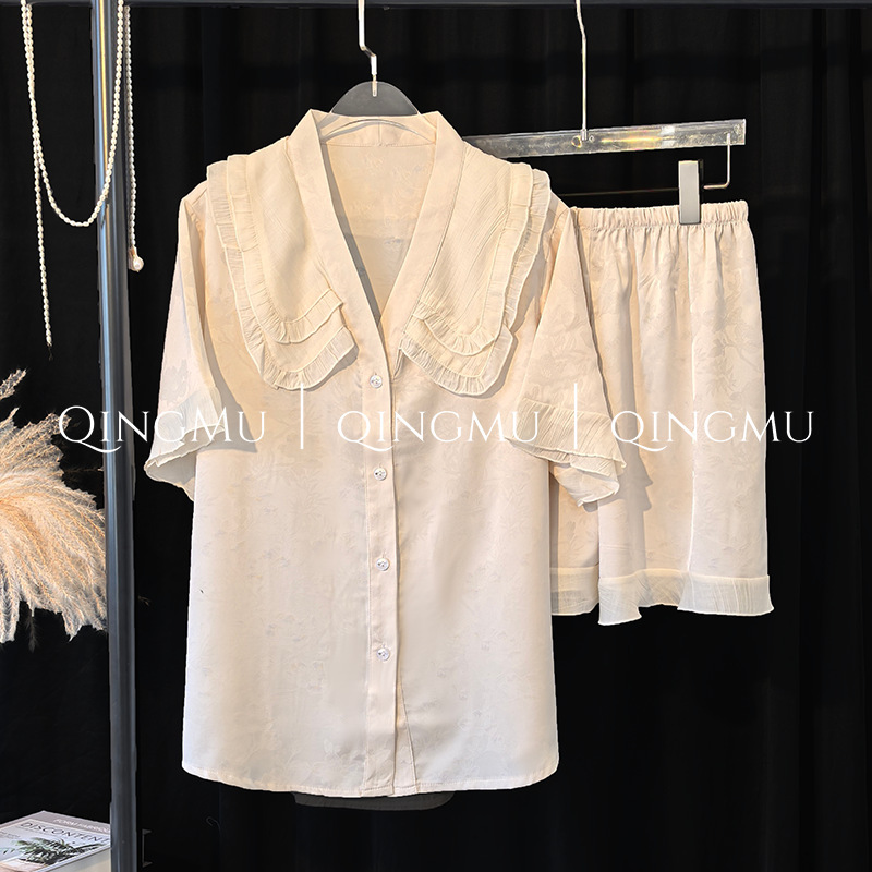 High-end Jacquard Ice Silk Short-sleeved Pajamas suit Cute Doll Collar Thin Ice Silk Pajamas Women's Summer Wearable