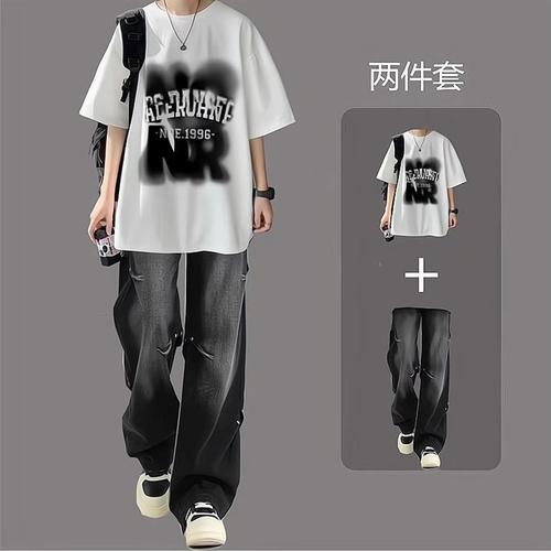 Summer Boys Cool and Stylish Top Set American Bad Boy Youth Short Sleeve T-Shirt Set Matching Loose