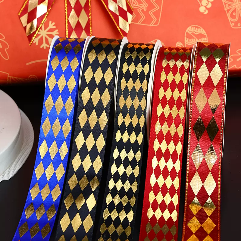 2.5cm菱形烫金丝带婚礼派对彩带吧唧托节日织带工艺礼盒礼品缎带