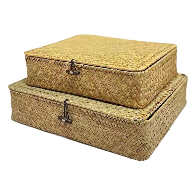 Caja de Almacenamiento Tejida de Paja con Tapa de Tejido de Paja Hecho a Mano para Escritorio