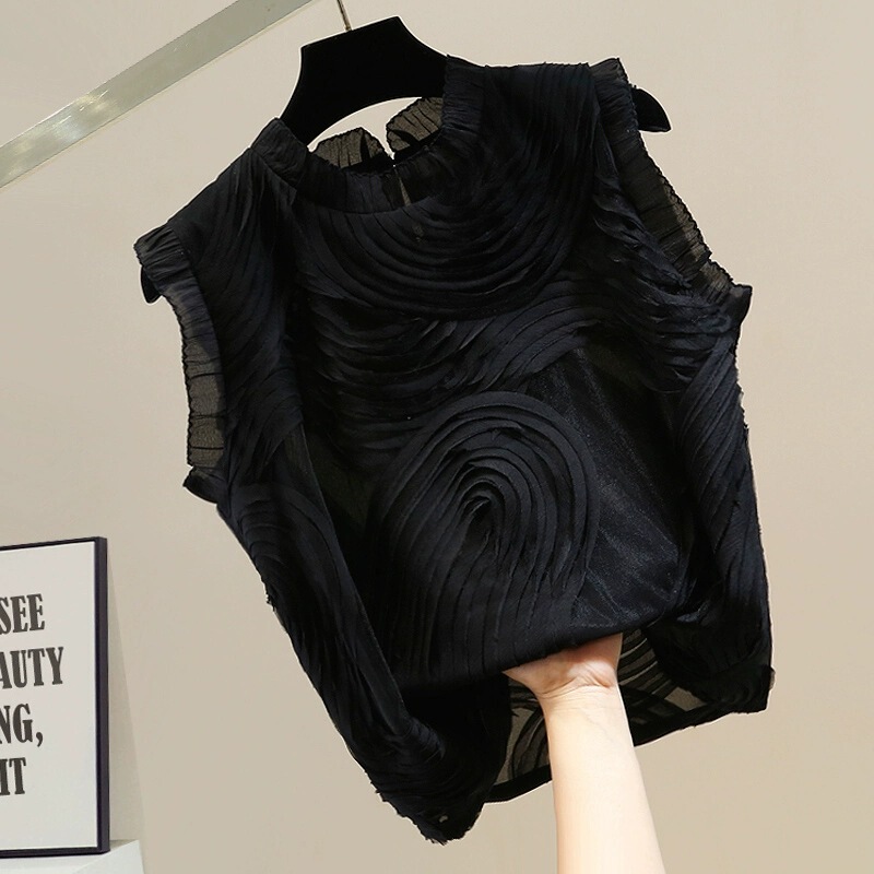 Black High-end Irregular Pleated Cut Lace Sleeveless Collar Vest Shirt Women's Elegant All-match Top Trendy