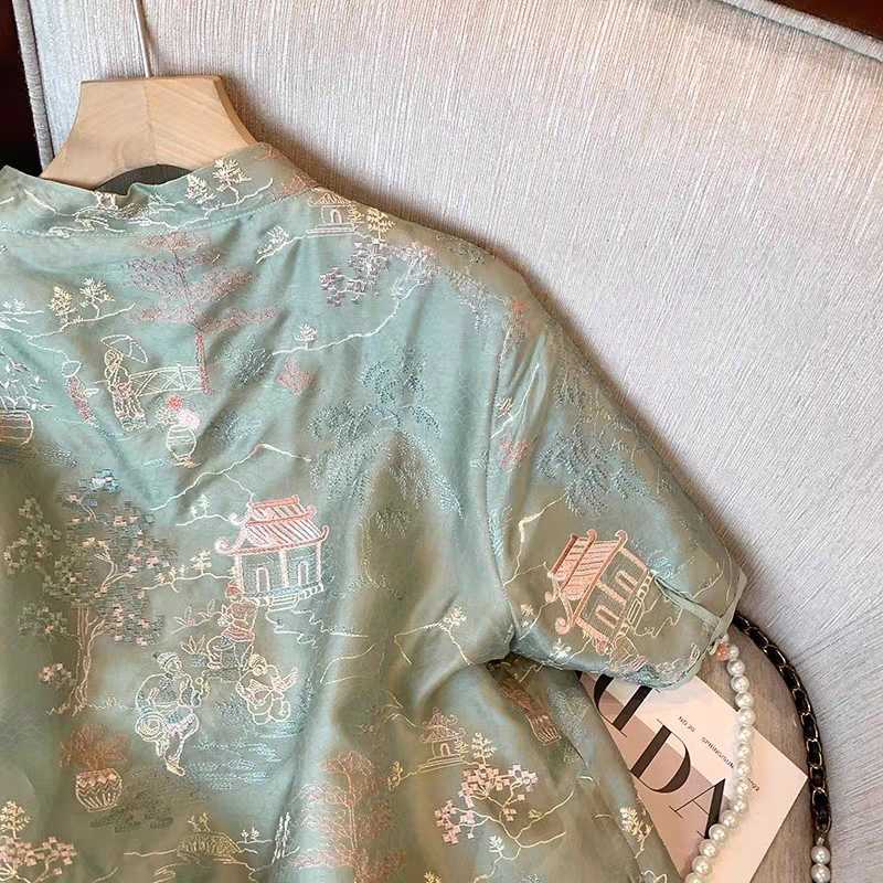新しい中国風のグリーン刺繍ジャカード半袖シャツ女性の夏のレトロなスタイルのデザイン改良されたチャイナトップ|undefined