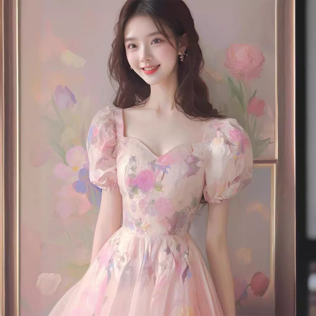 Đầm maxi nữ thắt eo phong cách Hepburn kiểu Pháp họa tiết hoa hồng cổ điển lãng mạn — Màu hồng