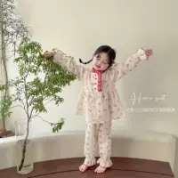 Wang Red Wind ~ Корейские девушки Красная сетка маленький воротник цветочный хлопок с длинным рукавом брюки пижамы Домашняя одежда костюм