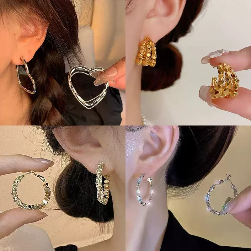 真金电镀耳圈欧美个性大圈耳环轻奢高级感925纯银耳饰女合金耳环