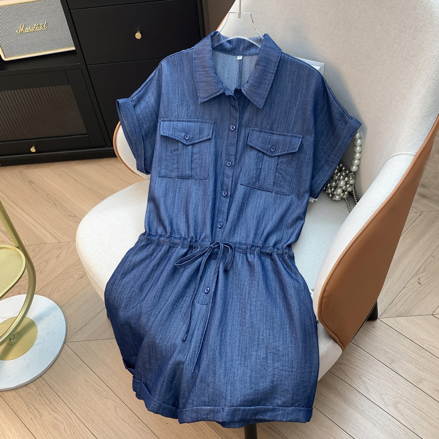 Denim Blue Jumpsuit for Women, Short-Sleeved, Thin, Summer Style, Chic and High-End Design, Youthful and Appearance-Enhancing.