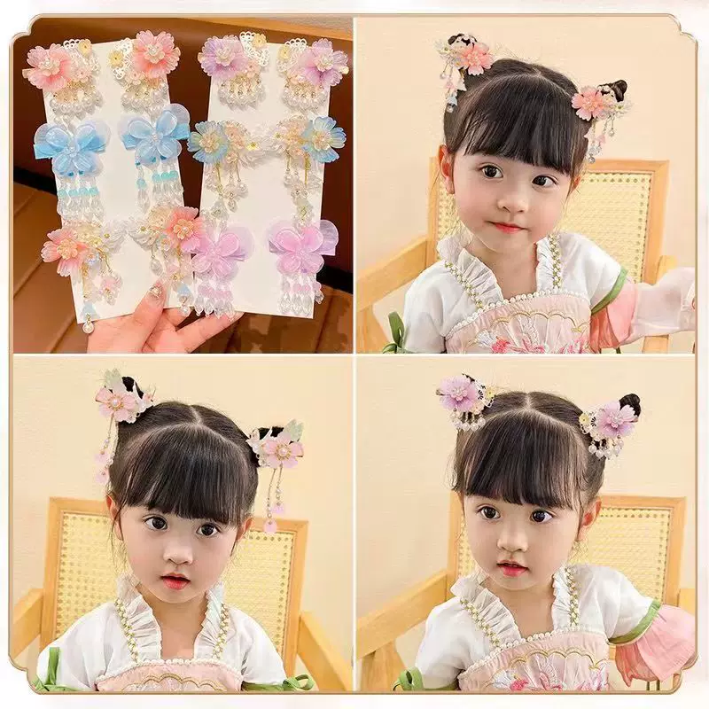 Детский ханфу с кисточками, аксессуар для волос, зажим для волос, милые заколки, китайский стиль, с цветочным узором