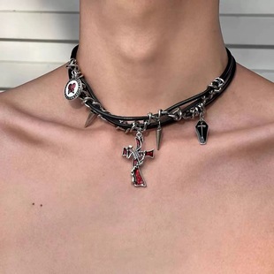 2025 Spring Sweet Cool Spice Girl Collar Female Male Diablo Punk Style Sub-culture Cross Neckbone Chain Light Luxury Necklace Chain