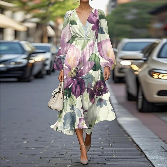 2025 European and American Clothing Cross-Border V-Neck Printed Amazon Dress Spring and Summer Export Long-Sleeved Long Dress