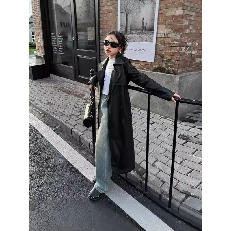 Long polyurethane trench coat, for teenagers, autumn, western style