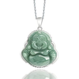 Natural Jadeite a bean seed Buddha laughing Buddha pendant S925 silver inlaid jade female pendant jade wholesale