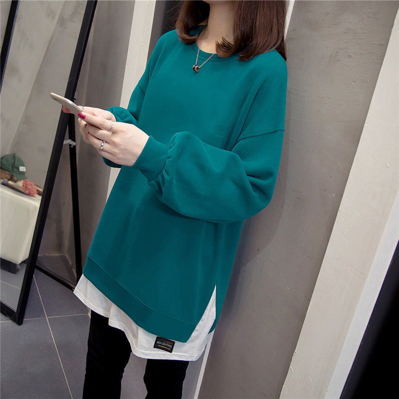 Cotton plus size fake two-piece thin sweater women's autumn and winter split mid-length T-shirt top