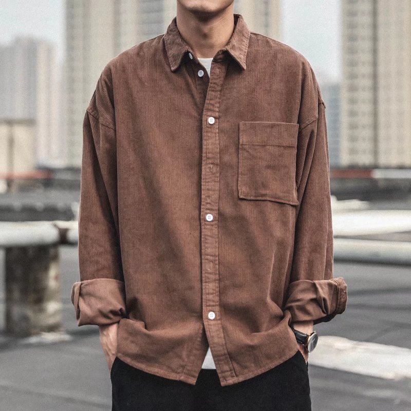 香港風春秋秋のコーデュロイ長袖シャツ男性日本のゆったりとした純色のハンサムなカジュアルシャツのコート|undefined