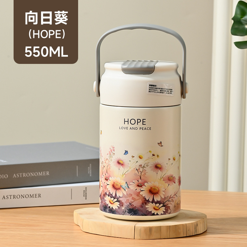 軽豪華油絵高颜値ストローカップ携帯大容量ステンレス保温カップ茶水分離泡カップ携帯|undefined