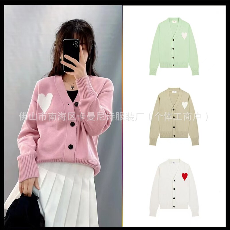 Cross-Border Dropshipping Trendy Am1 Sweater with Large Peach Heart Jacquard V-Neck Cardigan, Casual Loose Lazy Style Couple's Jacket Cross-Border Dropshipping Trendy Am1 Sweater with Large Peach Heart Jacquard V-Neck Cardigan, Casual Loose Lazy Style Couple's Jacket