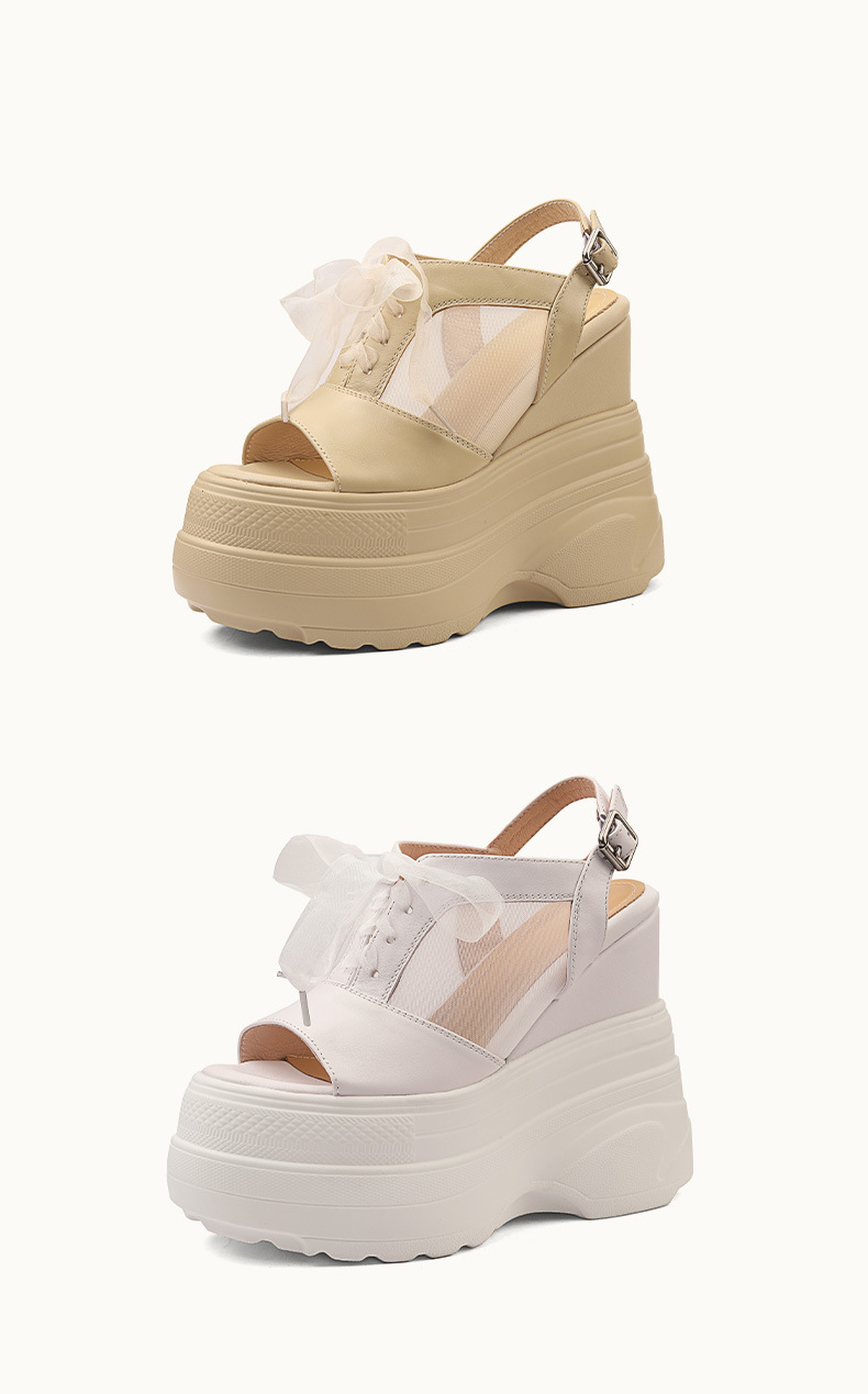 Sandal La Mã nữ đế dày da thật gót 14 cm hở mũi dây buộc — trắng chi tiết 9
