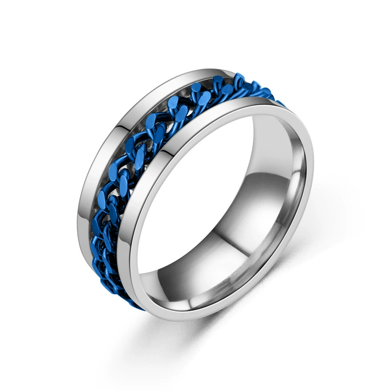 Stainless steel ring with chain inlay, multi‑color plating, sizes 6–13