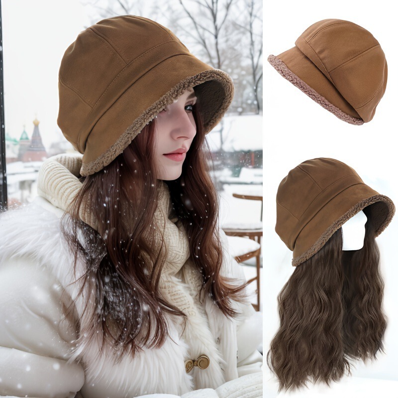 Hat Wig One-piece Wool Roll All-match Thickened Autumn and Winter New Plush Stack Cap Octagonal Fisherman Hat Full Head Cover