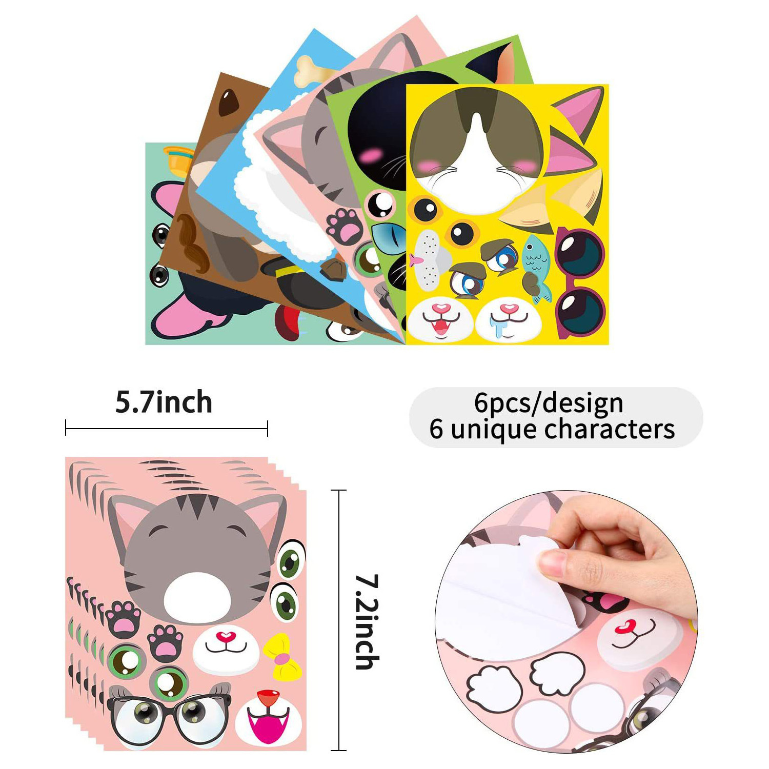 6 hojas/set perro y gato niños pegatinas DIY perro y gato pegatinas, pegatinas de juguete para niños adhesivo