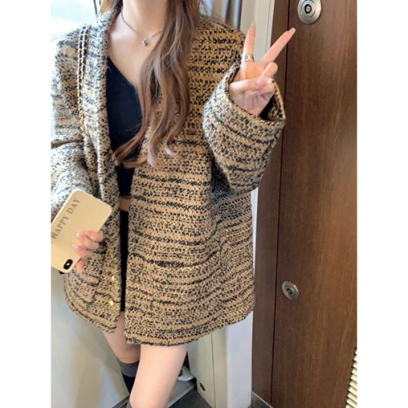 秋季新款复古时尚宽松小众百搭上衣小香风编织V领长袖大码外套女|undefined