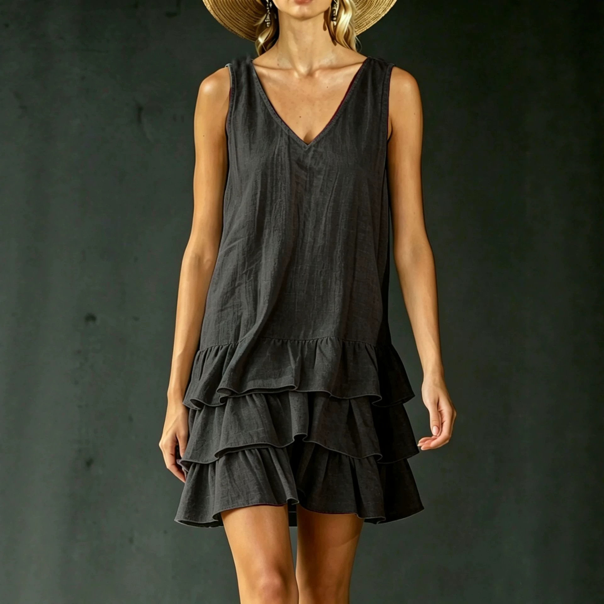 European and American Best-Selling Cross-Border Exclusive V-Neck Sleeveless Cotton-Linen Dress for Women, Summer Polyester