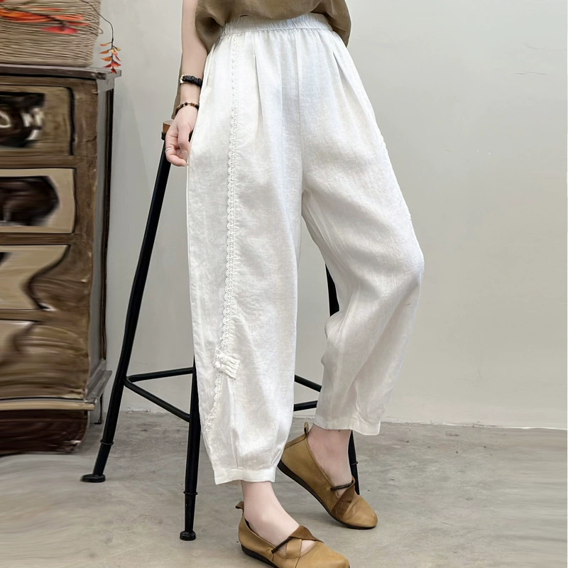 Ретро шлифовальные бельевые женские брюки с мягкой талией и высокой талией брюки с пряжкой для ног повседневные свободные льняные брюки харун