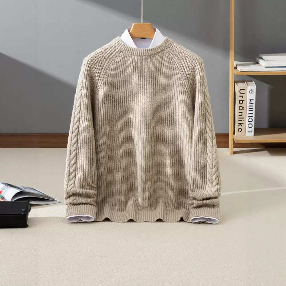25秋冬新款100%纯羊绒衫男士圆领加厚插肩抽条毛衣百搭针织打底衫