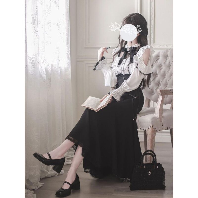 【Qianhe】Clear and Elegant Japanese-Style Mass-Produced Fishtail Skirt with Off-Shoulder Lace Patchwork Shirt Autumn Set 【Qianhe】Clear and Elegant Japanese-Style Mass-Produced Fishtail Skirt with Off-Shoulder Lace Patchwork Shirt Autumn Set