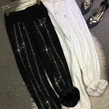 超大码2-300斤胖m欧货重工烫钻卫裤女加绒加厚高腰显瘦运动束脚裤