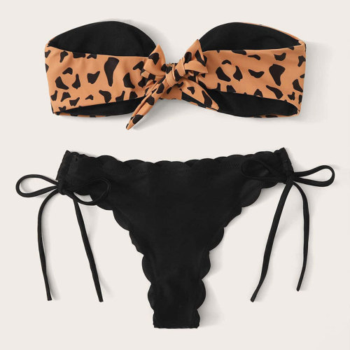 2024 New Amazon Leopard Print Split Beach Swimsuit Women's Lace Tie European and American Sexy Bikini