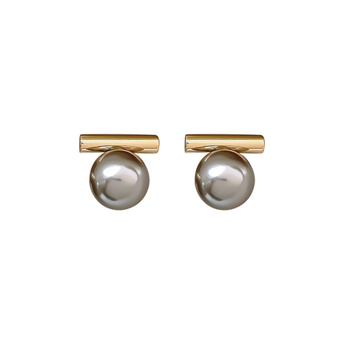 S925 silver needle French gray pearl one-word metal earrings retro simple temperament earrings ins cold earrings