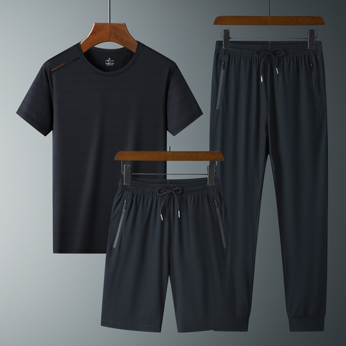 Ropa de verano de secado rápido traje de manga corta deportiva para hombres talla grande Camiseta de seda de hielo pantalones de estudiante traje de tres piezas