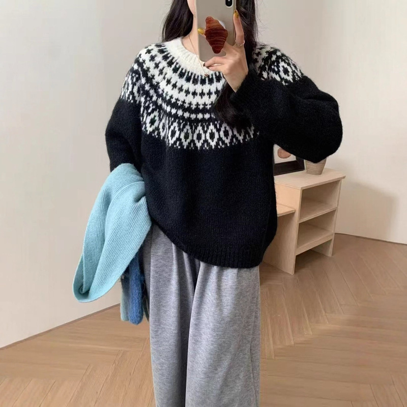 Fair Isle Round Neck Pullover Sweater for Women, New Autumn and Winter Style, Loose and Lazy Nordic Style Retro Jacquard Knit Top