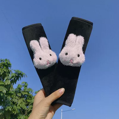 Car Seat Belt Shoulder Cover Car Creative Cute Cartoon Soft Pair of Plush Protective Cover Four Seasons Car Accessories (Seat belt shoulder pad) - little-white-rabbit-2-pieces-of-black-crystal-velvet