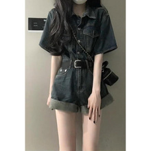 甜酷牛仔连体裤港风卷短裤夏季复古收腰显瘦阔衣裤套装
