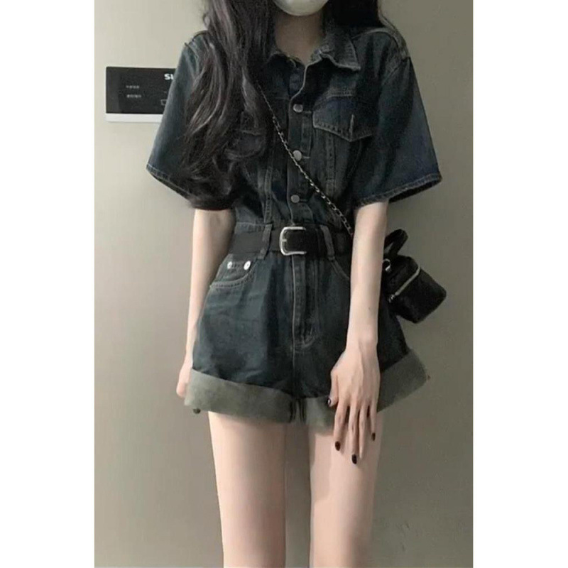 甜酷牛仔连体裤港风卷短裤夏季复古收腰显瘦阔衣裤套装