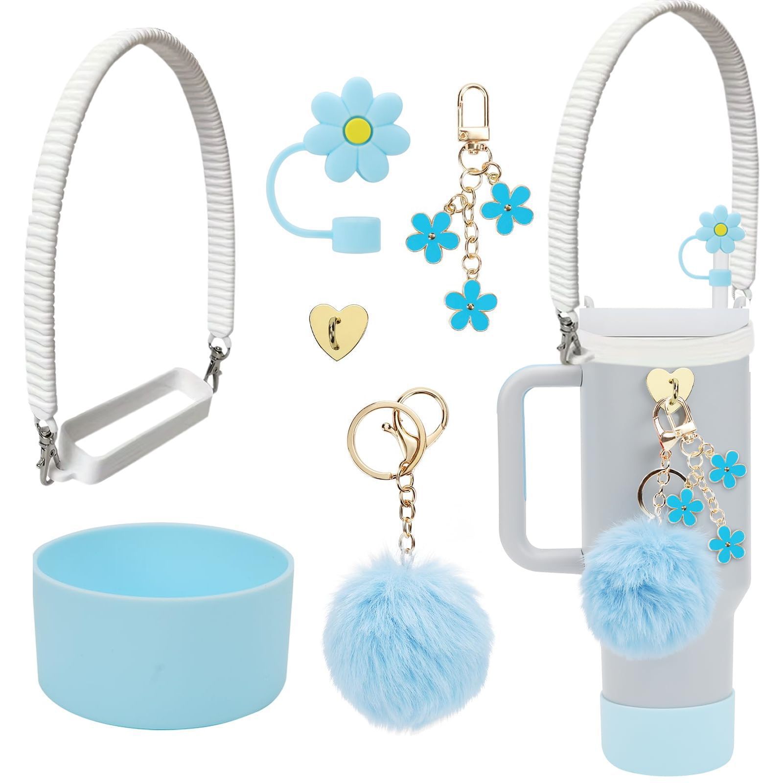 7pcs taza Stanley cuerda de mano colgante de silicona flor tapa de pajita bola de felpa colgante de copa cadena de taza de color