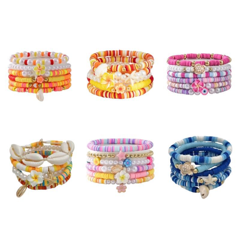 European and American Cross-Border Vacation Style Starfish Shell Pendant Stacked Bracelets Flower Soft Clay Elastic Bracelet Set Handmade