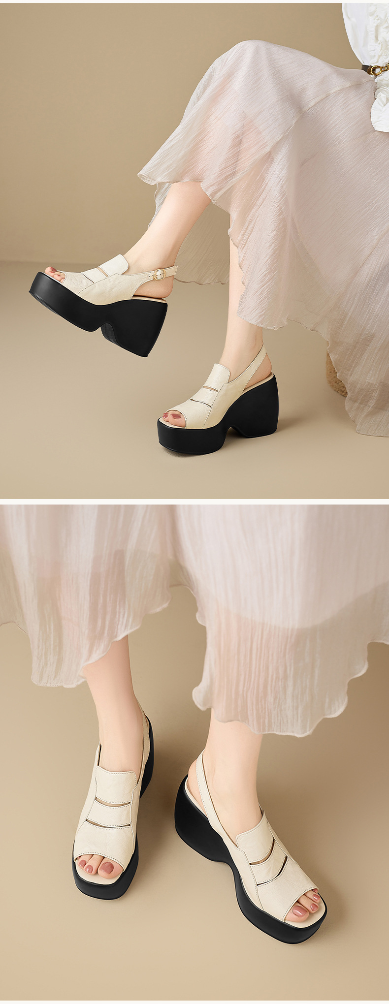 Sandal cao gót nữ đế xuồng mũi hở da cừu — màu đen, màu trắng ngà chi tiết 5