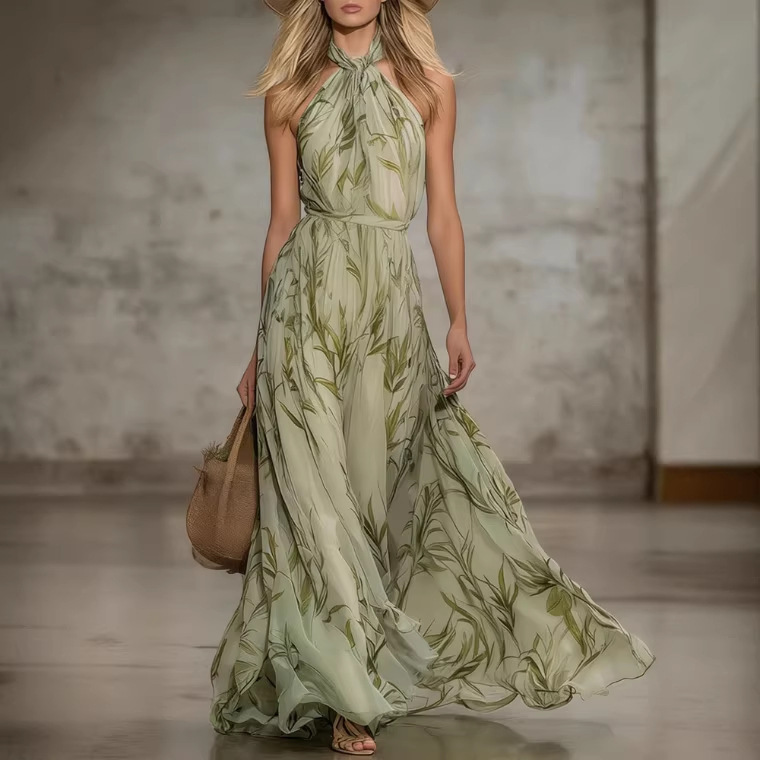 Elegant Leaf-Print Off-The-Shoulder Chiffon Sleeveless Long Dress from European and American Cross-Border Independent Websites Elegant Leaf-Print Off-The-Shoulder Chiffon Sleeveless Long Dress from European and American Cross-Border Independent Websites