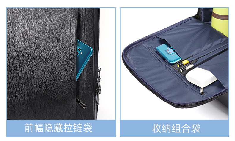 Ba lô nam da bò thật công suất lớn, ngăn laptop 16 inch, chống nước đa chức năng — Màu đen chi tiết 12